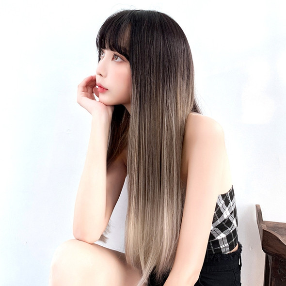 Gradient Color Long Straight Hair Wig Female Chemical Fiber Headgear Simulation Hair(Milk Tea Gradient 65CM)