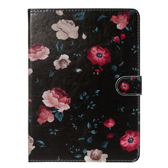 For 10 inch Universal Tablet PC Colored Drawing Pattern Horizontal Flip PU Leather Case with Holder & Card Slots(Black Backgroud Flower)