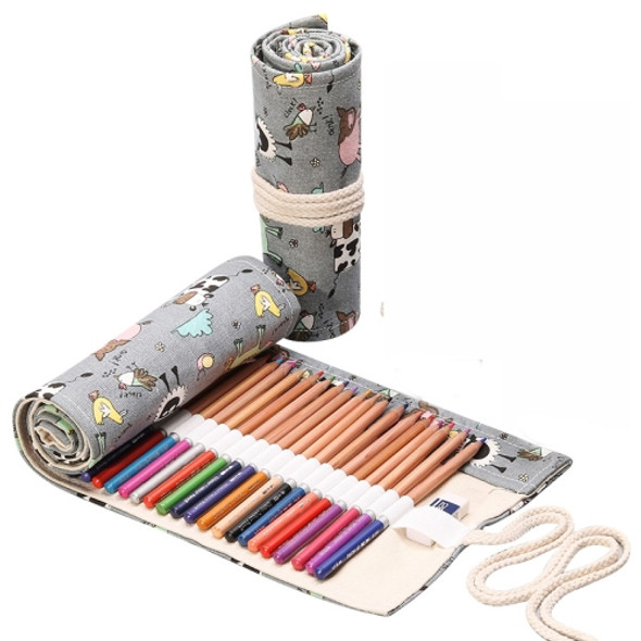 72 Holes Handmade Canvas Pen Curtain Large-Capacity Pencil Case For Boys And Girls Color Pencil Sketch Stationery Box(Gray Cow)