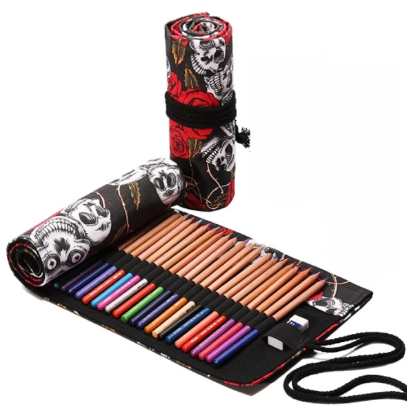 2 PCS 24 Holes Rose Skull Canvas Roll Pen Curtain Boy And Girl Sketch Color Pencil Stationery Box