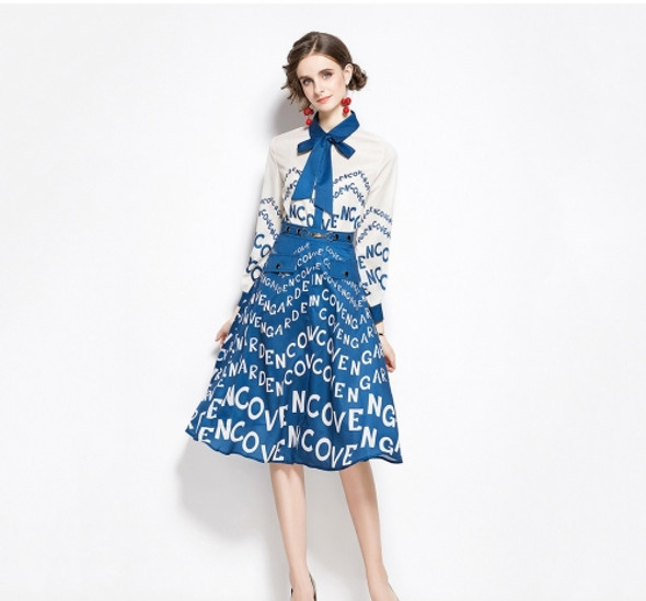 Chiffon Western Style Shirt Design Sense Letter Niche Skirt Two-piece Suit (Color:Blue Size:S)