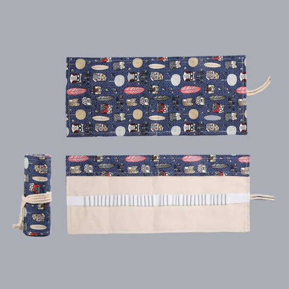 2 PCS 24 Holes Handmade Canvas Pen Curtain Large-Capacity Pencil Case For Boys And Girls Color Pencil Sketch Stationery Box(Owl)