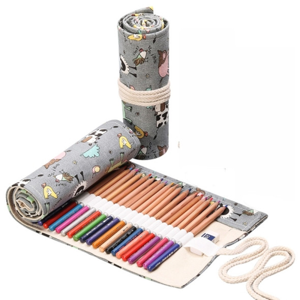 2 PCS 24 Holes Handmade Canvas Pen Curtain Large-Capacity Pencil Case For Boys And Girls Color Pencil Sketch Stationery Box(Gray Cow)