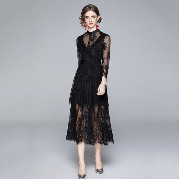 Fashion Waist Lace Long Dress With Stand Collar (Color:Black Size:S)