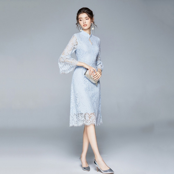 Fashion Lace Ruffled Sleeve Mid-length Dress (Color:Baby Blue Size:S)