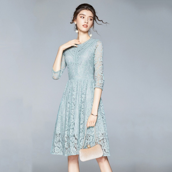 Lace Round Neck Lace All-match Waist Dress (Color:Green Size:L)