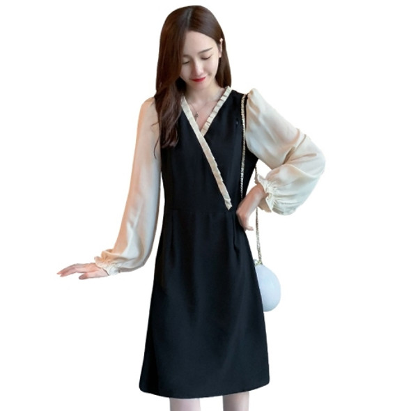 Hepburn Style French Waist Loose Chiffon Dress (Color:Black Apricot Size:XXXXL)