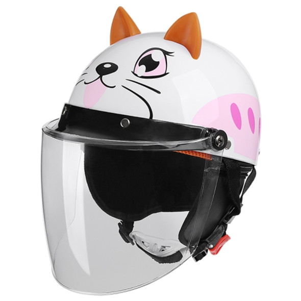 BYB 820 Children Four Seasons Universal Cartoon Electric Motorcycle Helmet, Specification: Transparent Long Lens(Four Seasons White Cat)
