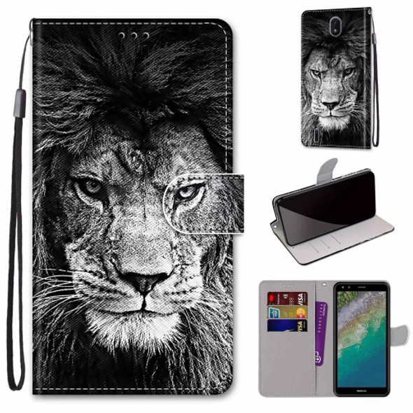 For Nokia C01 Plus Coloured Drawing Cross Texture Horizontal Flip PU Phone Leather Case with Holder & Card Slots & Wallet & Lanyard(Colorful Layer(Black and White Lion Head)