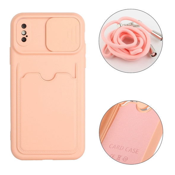Sliding Camera Cover Design TPU Protective Case with Card Slot & Neck Lanyard For iPhone XS Max(Pink)
