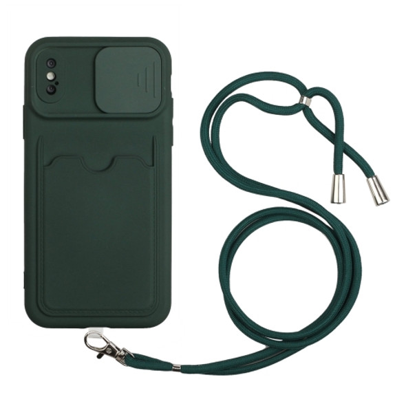 Sliding Camera Cover Design TPU Protective Case with Card Slot & Neck Lanyard For iPhone XS Max(Deep Green)