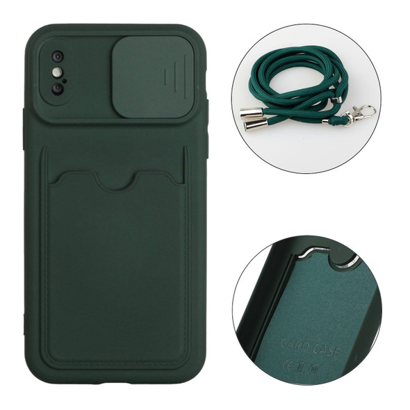 Sliding Camera Cover Design TPU Protective Case with Card Slot & Neck Lanyard For iPhone XS Max(Deep Green)