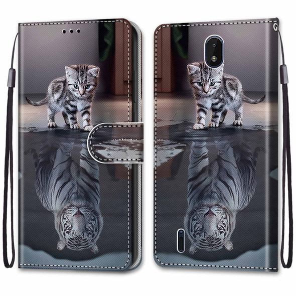 For Nokia C01 Plus Coloured Drawing Cross Texture Horizontal Flip Leather Phone Case with Holder & Card Slots & Wallet & Lanyard(Cat Becomes Tiger)