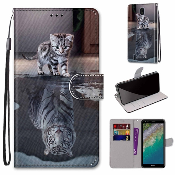 For Nokia C01 Plus Coloured Drawing Cross Texture Horizontal Flip Leather Phone Case with Holder & Card Slots & Wallet & Lanyard(Cat Becomes Tiger)