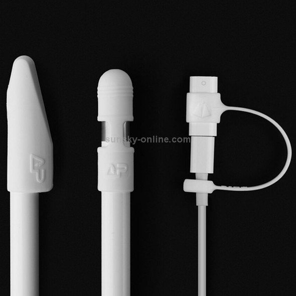 For Apple Pencil Convenient 3 in 1 Anti-lost (Pencil Cap + Pencil Point + Adapter) Protective Bag Apple TouchPen Silicone Protective Set(White)