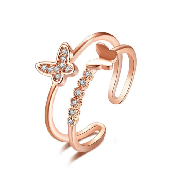 Women Fashion Cute Butterfly Shape Diamond Opening Ring(Rose gold)