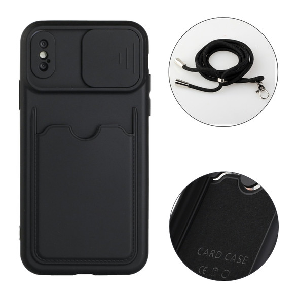 Sliding Camera Cover Design TPU Protective Case with Card Slot & Neck Lanyard For iPhone XS Max(Black)