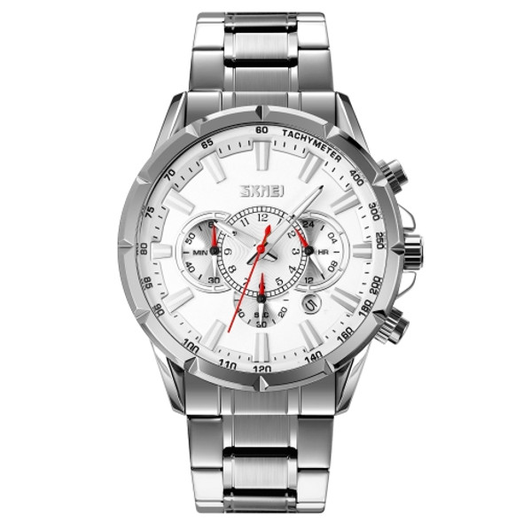 SKMEI 9241 Men Calendar Stopwatch Stainless Steel Strap Quartz Watch(Silver)