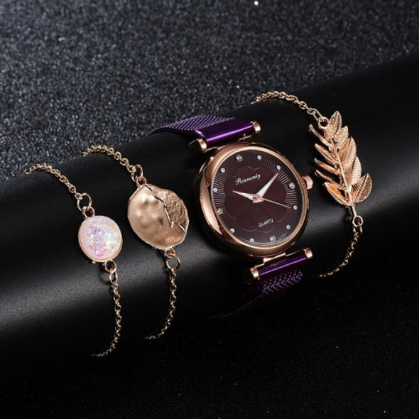 Ladies Magnet Buckle Watch Casual Flower Dial Watch Alloy Mesh Quartz Watch(Purple+No.2 Bracelet)