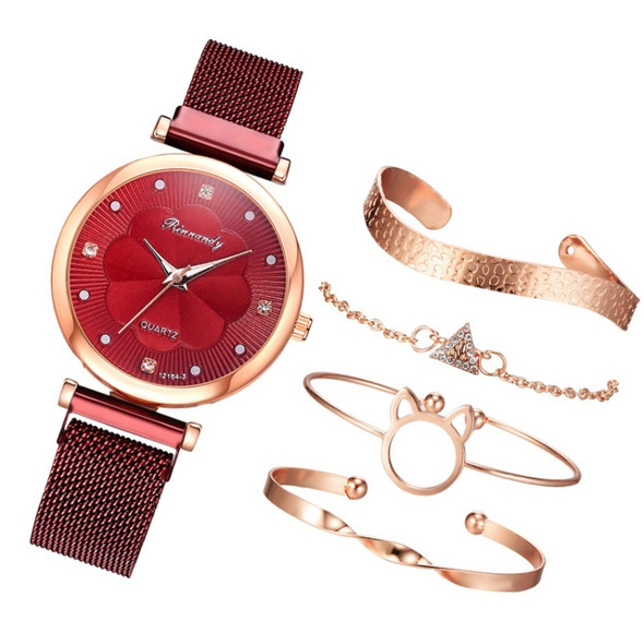 Ladies Magnet Buckle Watch Casual Flower Dial Watch Alloy Mesh Quartz Watch(Red+Bracelet)