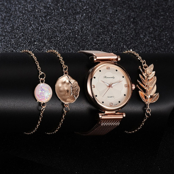 Ladies Magnet Buckle Watch Casual Flower Dial Watch Alloy Mesh Quartz Watch(Gold White+No.2 Bracelet)