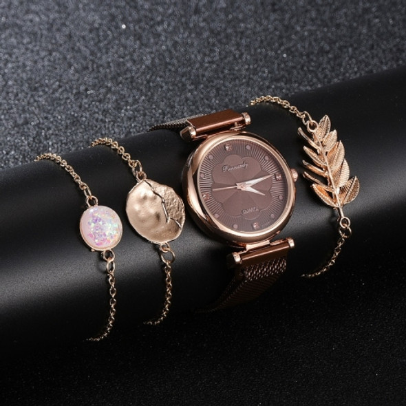 Ladies Magnet Buckle Watch Casual Flower Dial Watch Alloy Mesh Quartz Watch(Brown+No.2 Bracelet)