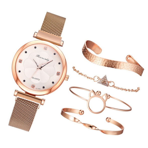 Ladies Magnet Buckle Watch Casual Flower Dial Watch Alloy Mesh Quartz Watch(Gold White+Bracelet)