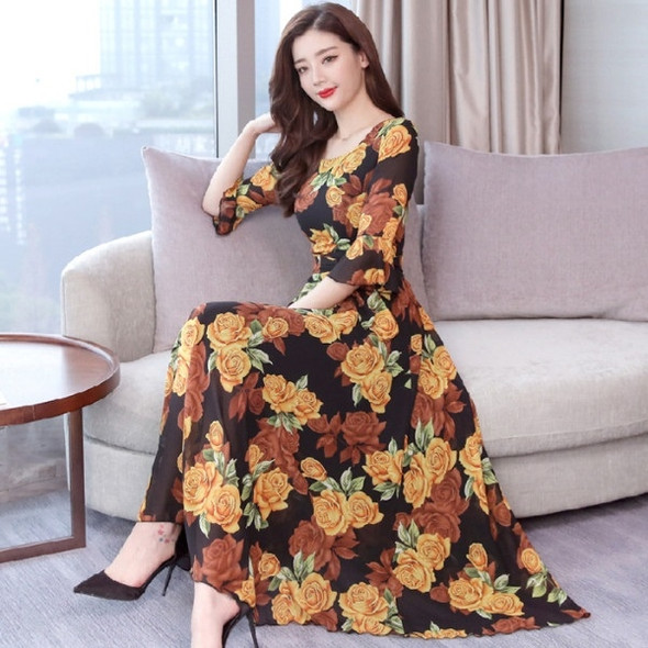 Women Printed Plus Size Long Dress (Color:Yellow Size:XL)