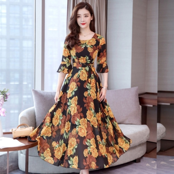 Women Printed Plus Size Long Dress (Color:Yellow Size:M)