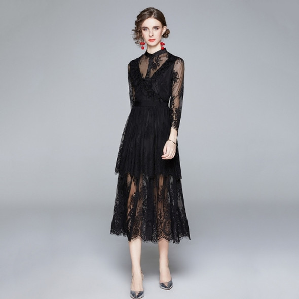 Fashion Waist Lace Long Dress With Stand Collar (Color:Black Size:L)