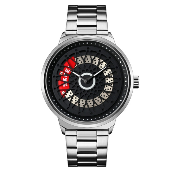 SKMEI 9217 Fashion Rotation Dial Men Quartz Watch(Silver Shell Black Surface Steel Belt)
