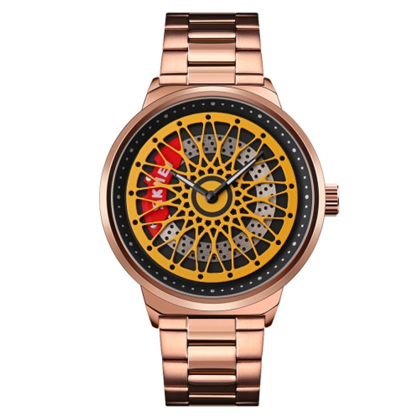 SKMEI 9217 Fashion Rotation Dial Men Quartz Watch(Rose Gold Shell Gold Surface Steel Belt)
