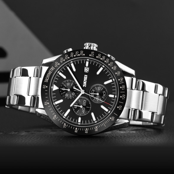 SKMEI 9253 Men Stopwatch Date Six Pin Stainless Steel Strap Quartz Watch(Silver Black)