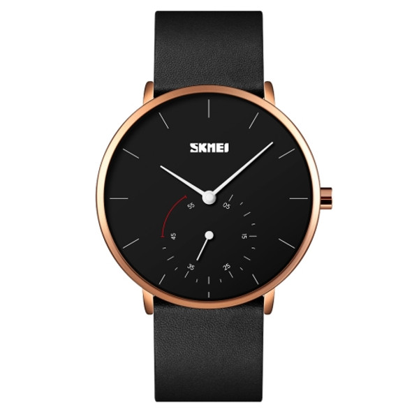 SKMEI 9213 Simple Dcale Stopwatch Dial Leather Strap Quartz Watch(Rose Gold Black)