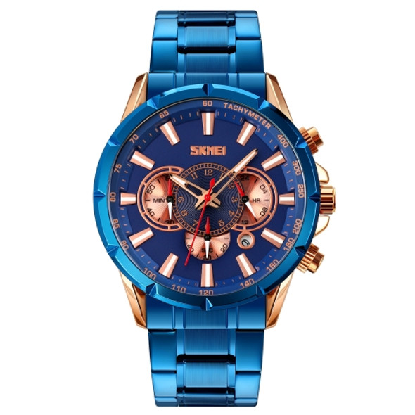 SKMEI 9241 Men Calendar Stopwatch Stainless Steel Strap Quartz Watch(Rose Gold Blue)