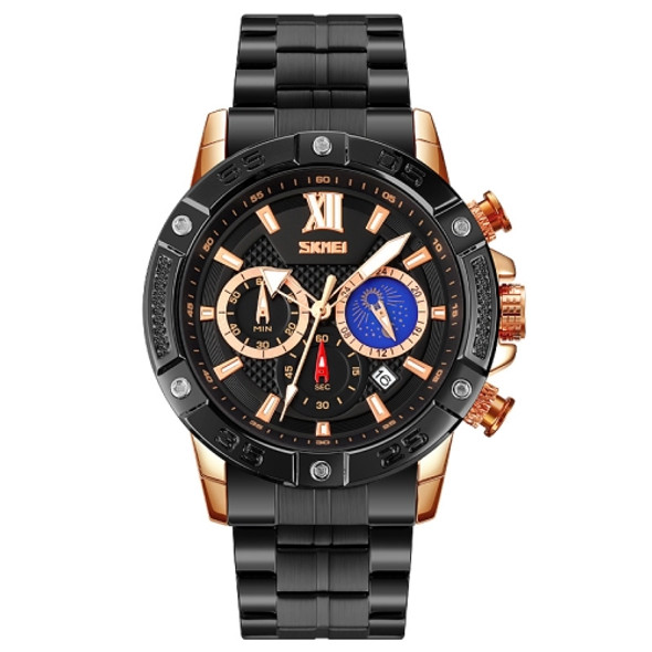 SKMEI 9235 Men Moonphase Stopwatch Stainless Steel Strap Quartz Watch(Gold Black)