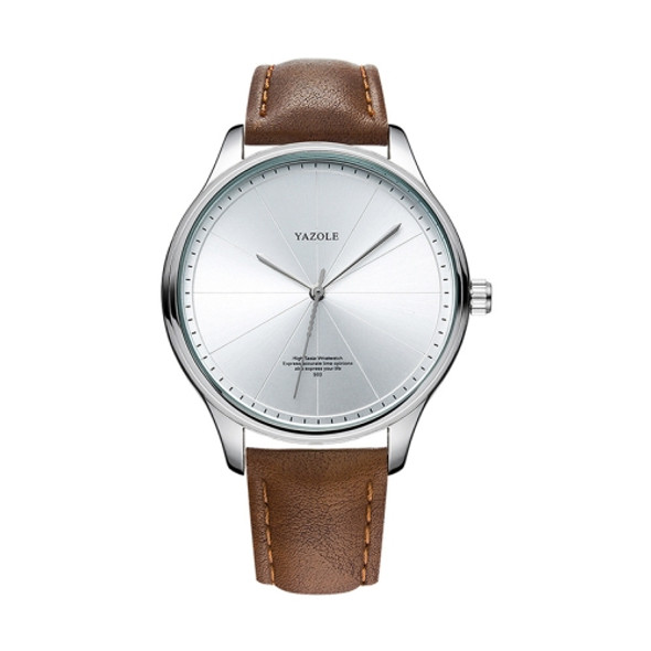 YAZOLE 503 Simple Line Pattern Dial Men Quartz Watch(Silver Shell White Tray Brown Belt)