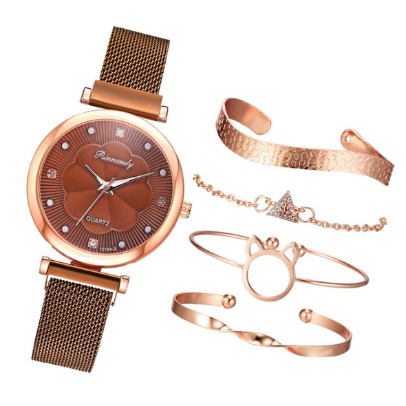 Ladies Magnet Buckle Watch Casual Flower Dial Watch Alloy Mesh Quartz Watch(Brown+Bracelet)