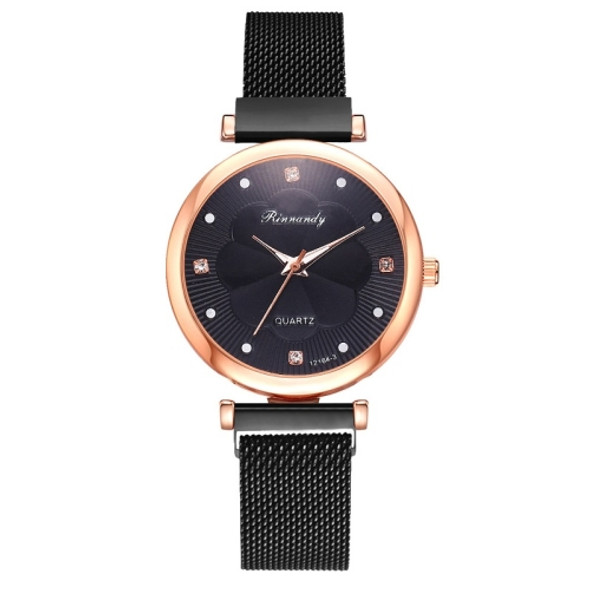 Ladies Magnet Buckle Watch Casual Flower Dial Watch Alloy Mesh Quartz Watch(Black)