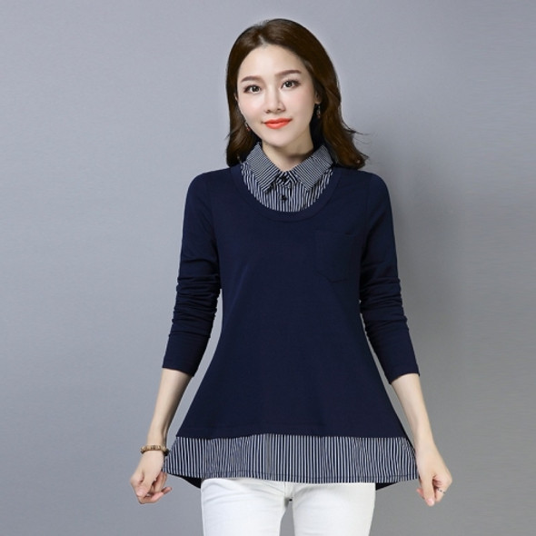 Women Fashion Long Sleeve T-shirt Fake Two-piece Top (Color:Dark Blue Size:XXL)