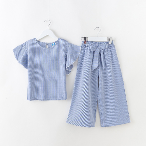 M582 Girls Summer Striped Top Loose Wide-leg Pants Two-piece Suit, Appropriate Height:140cm(Blue)