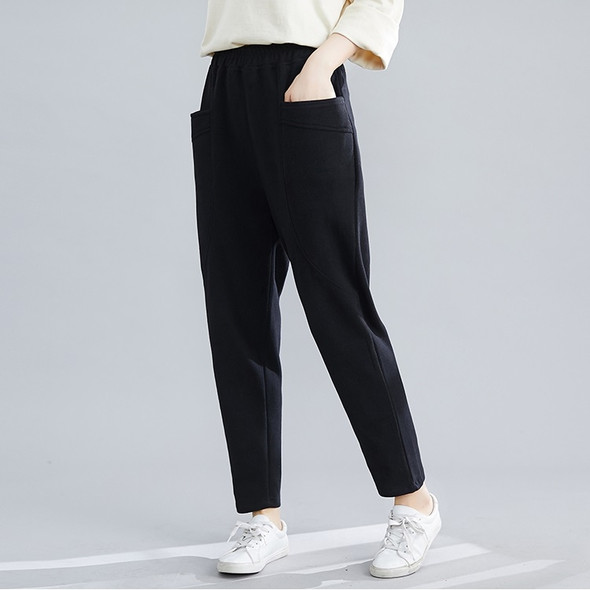 Loose Large Size Literary Vertical Pockets All-match Solid Color Slim Casual Pants (Color:Black Size:XL)