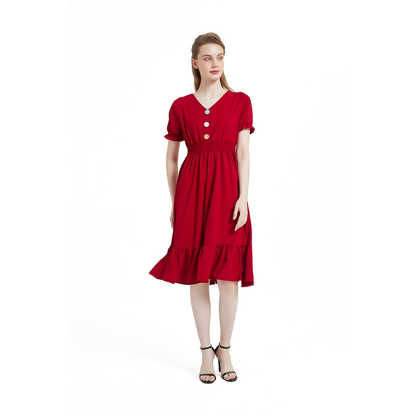 V-neck Solid Color Short Sleeve Hepburn Dress (Color:Red Wine Size:XL)