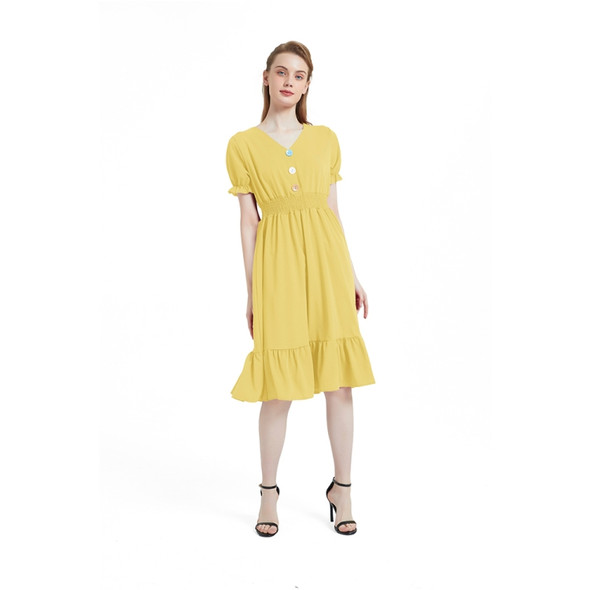 V-neck Solid Color Short Sleeve Hepburn Dress (Color:Yellow Size:XXL)