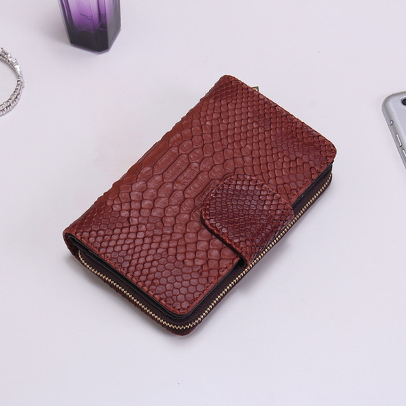 Ladies Python Texture Leather Clutch Embossed Zipper Wallet(Brown)