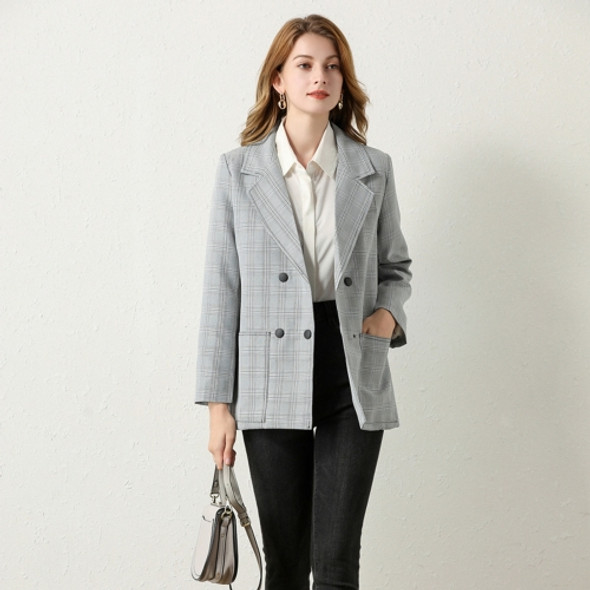 Women Casual British Style Loose Grid Blazer Coat (Color:Grey Size:L)