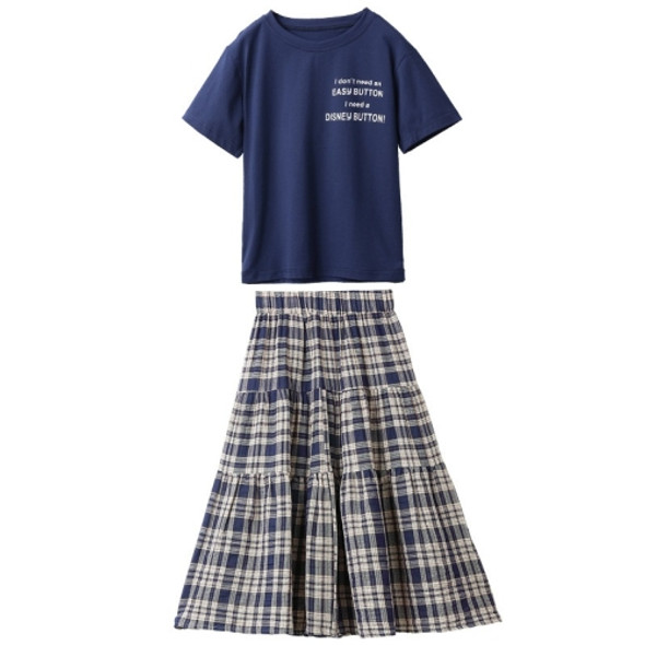 Girls Short Sleeve + Plaid Skirt Two-piece Suit (Color:Blue Size:160)