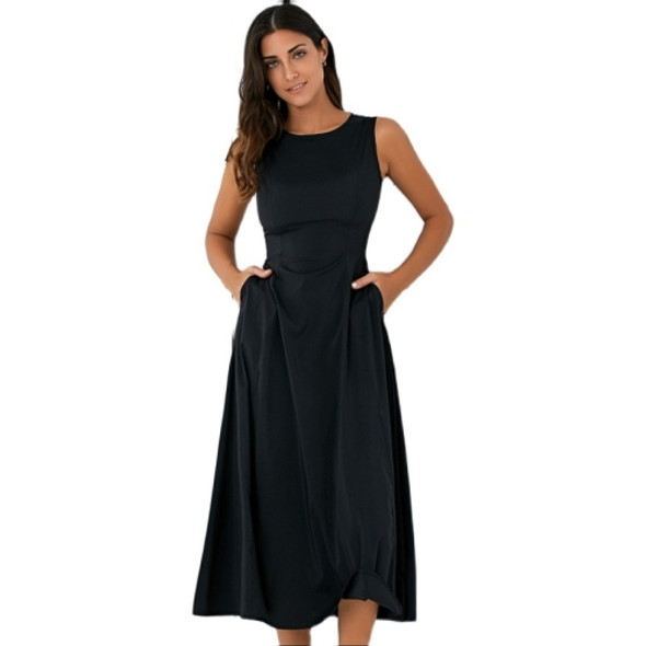 Women Spring Summer Slim Big Swing Dress (Color:Black Size:M)