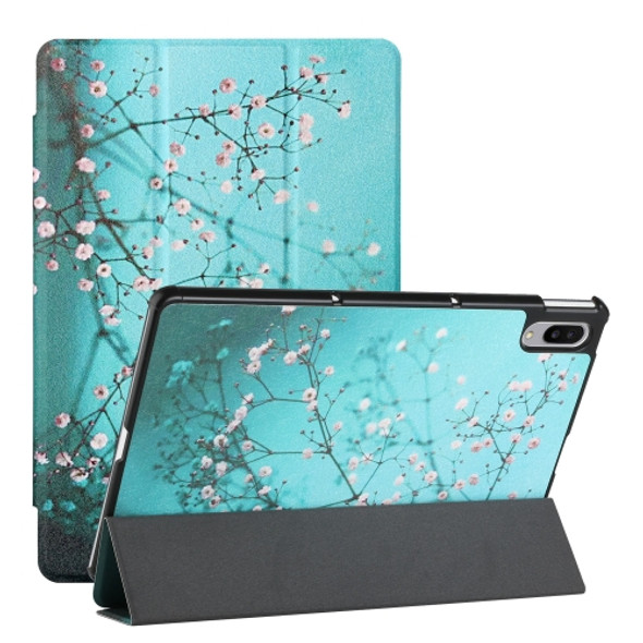 For Lenovo Tab P11 Pro Silk Texture Colored Drawing Pattern Horizontal Flip Magnetic PU Leather Case with Three-folding Holder & Sleep / Wake-up Function(Plum Blossom)