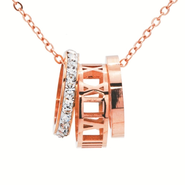 Fashion Three Rings Full Rhinestone Hollow Roman Numeral Necklace(Rose Gold)